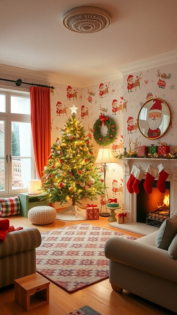 A festive living room with Christmas wallpaper featuring Santa and reindeer, decorated with a Christmas tree and holiday ornaments.